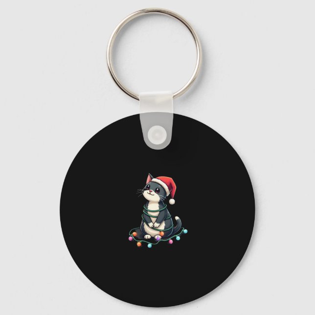 Christmas Cat Tuxedo black cat xmas lights kitty c Keychain (Front)