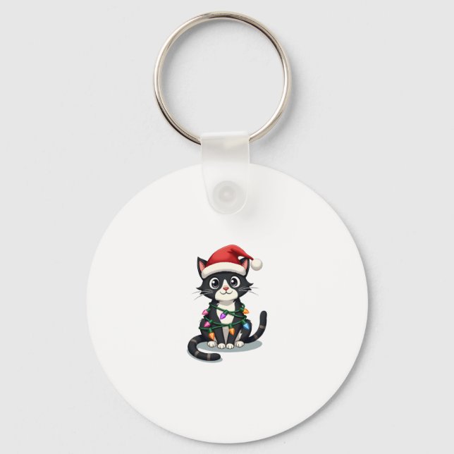 Christmas Cat Tuxedo black cat xmas lights kitty c Keychain (Front)