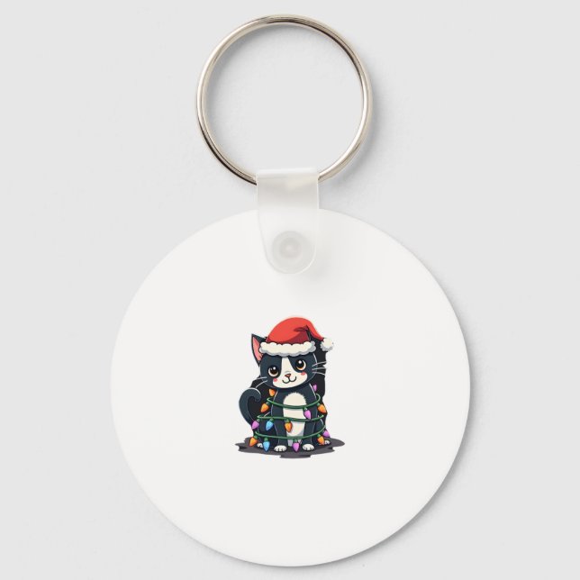Christmas Cat Tuxedo black cat xmas lights kitty c Keychain (Front)