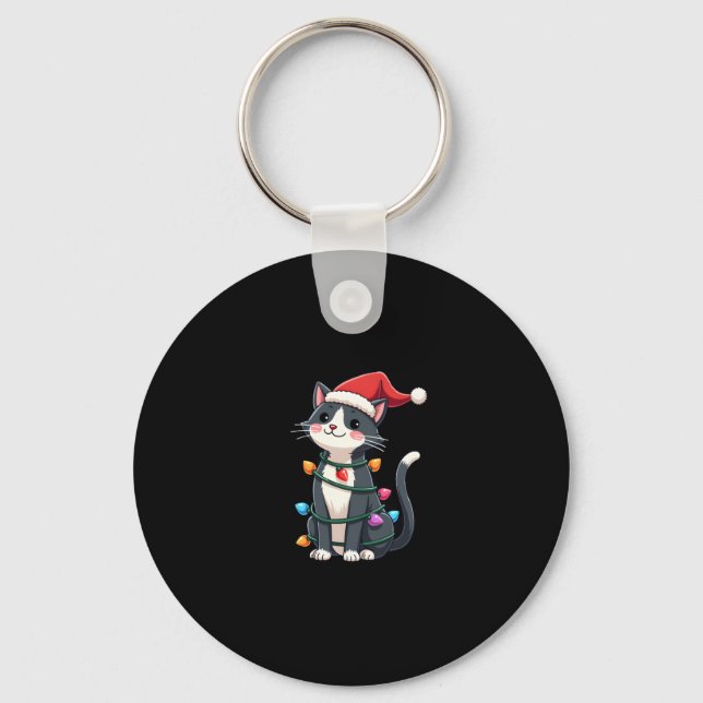 Christmas Cat Tuxedo black cat xmas lights kitty c Keychain (Front)