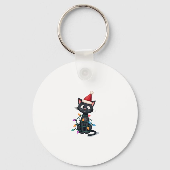 Christmas Cat Tuxedo black cat xmas lights kitty c Keychain (Front)