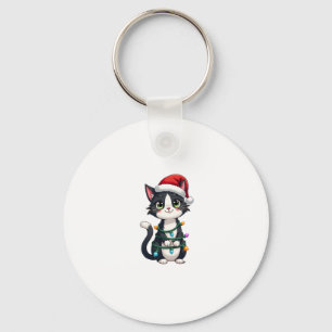 Christmas Cat Tuxedo black cat xmas lights kitty c Keychain