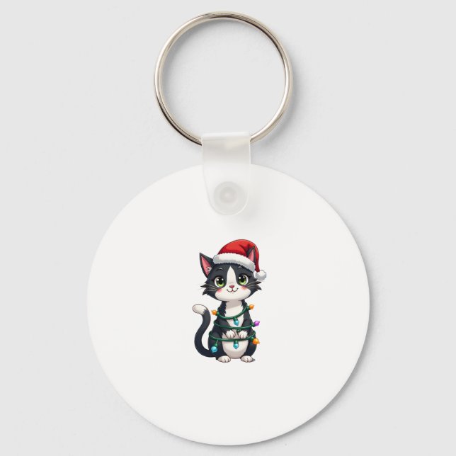 Christmas Cat Tuxedo black cat xmas lights kitty c Keychain (Front)