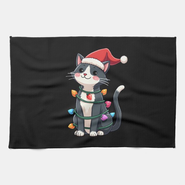 Christmas Cat Tuxedo black cat xmas lights kitty c Kitchen Towel (Horizontal)