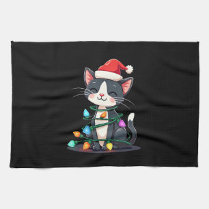 Christmas Cat Tuxedo black cat xmas lights kitty c Kitchen Towel