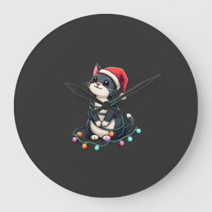 Christmas Cat Tuxedo black cat xmas lights kitty c Large Clock