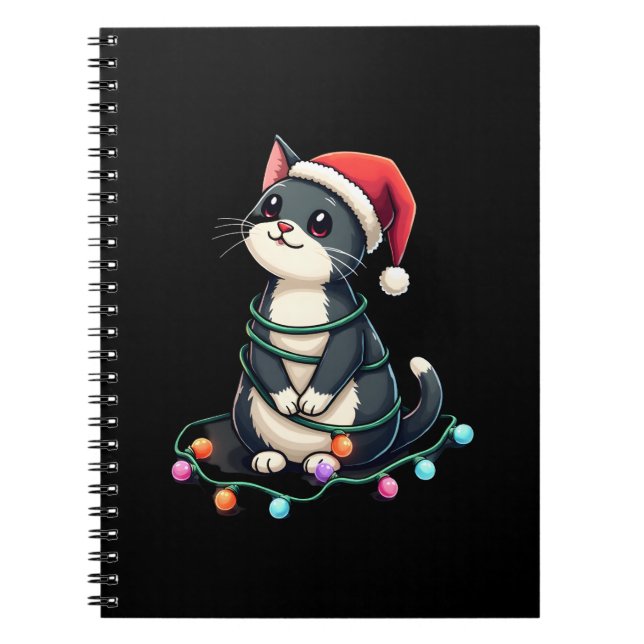 Christmas Cat Tuxedo black cat xmas lights kitty c Notebook (Front)