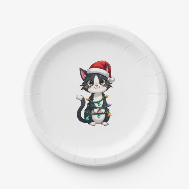 Christmas Cat Tuxedo black cat xmas lights kitty c Paper Plate (Front)