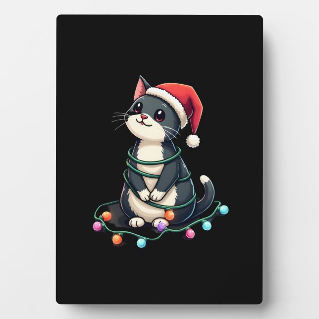 Christmas Cat Tuxedo black cat xmas lights kitty c Plaque (Front)