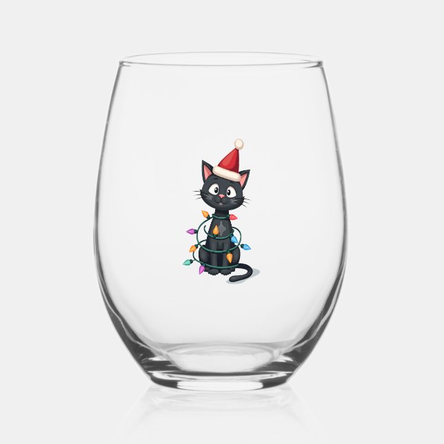 Christmas Cat Tuxedo black cat xmas lights kitty c Stemless Wine Glass (Front)