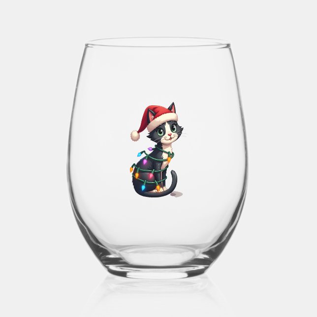 Christmas Cat Tuxedo black cat xmas lights kitty c Stemless Wine Glass (Front)
