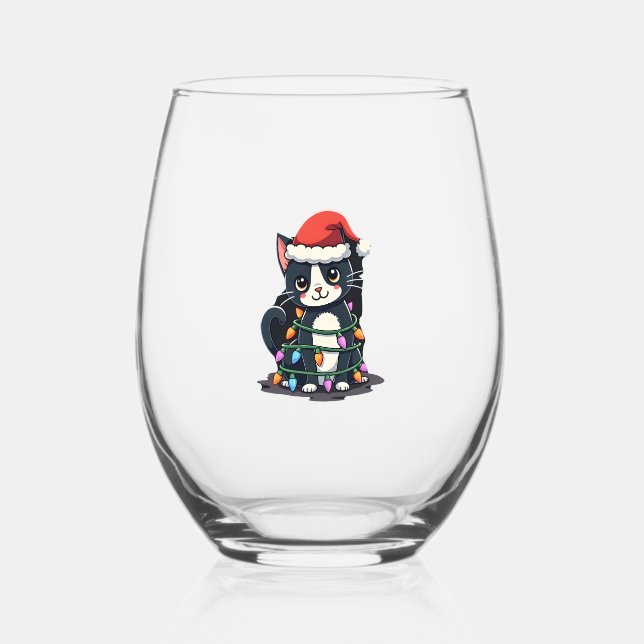 Christmas Cat Tuxedo black cat xmas lights kitty c Stemless Wine Glass (Front)