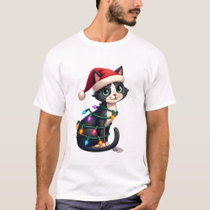 Christmas Cat Tuxedo black cat xmas lights kitty c T-Shirt