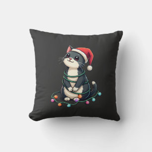 Christmas Cat Tuxedo black cat xmas lights kitty c Throw Pillow