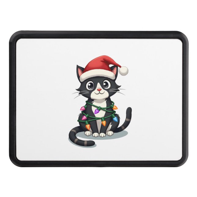 Christmas Cat Tuxedo black cat xmas lights kitty c Trailer Hitch Cover (Front)