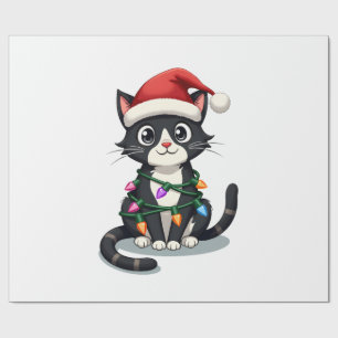 Christmas Cat Tuxedo black cat xmas lights kitty c Wrapping Paper