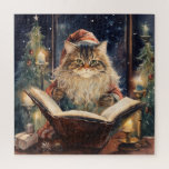 Christmas Cat Two Reading Vintage Card Jigsaw Puzzle<br><div class="desc">A decorated Christmas tree with a Christmas cat two reading with a candle light. Romantic vintage holiday card</div>