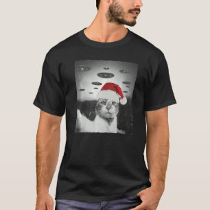 Christmas Cat wear Santa Hat selfie with Alien UFO T-Shirt
