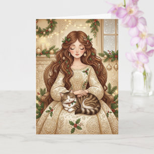 Christmas Cat & Winter Maiden Art Whimsical Card