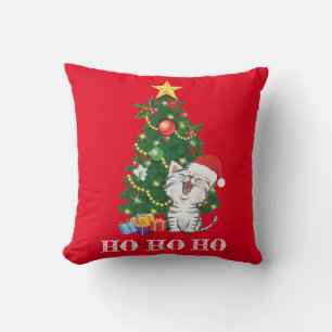Christmas Cat with Christmas Tree Throw Pillow