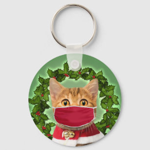 Christmas Cat with coronavirus mask Keychain
