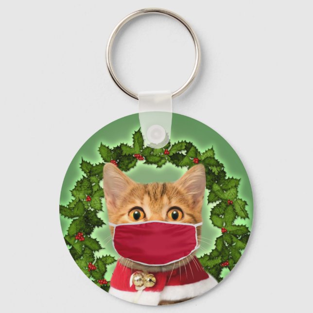 Christmas Cat with coronavirus mask Keychain (Front)