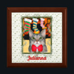 Christmas Cat with Name Trinket Gift Box<br><div class="desc">This cute grey tabby cat is dressed for the holidays in a red bow while he/she sits under the Christmas stockings awaiting his Christmas mouse!  Makes a sweet gift.</div>