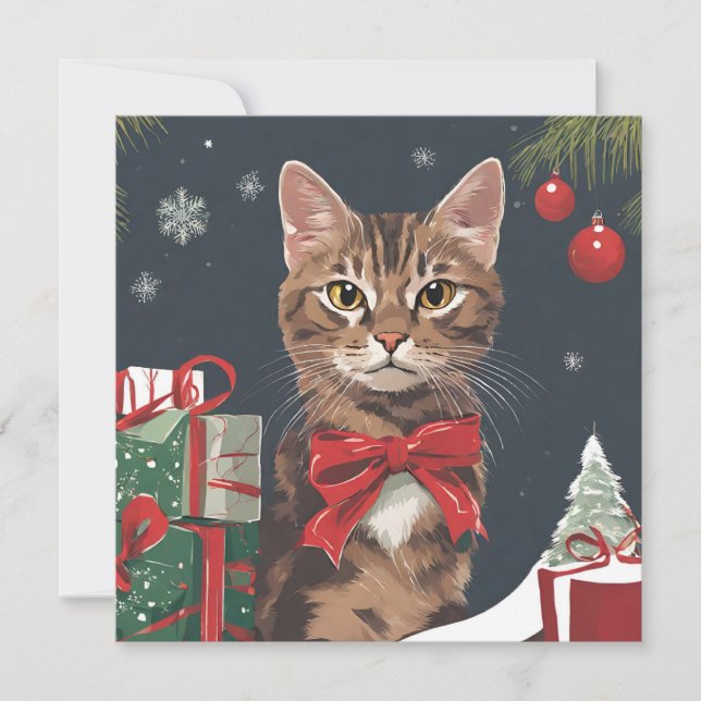 Christmas Cat with Presents  Holiday Card (Front)