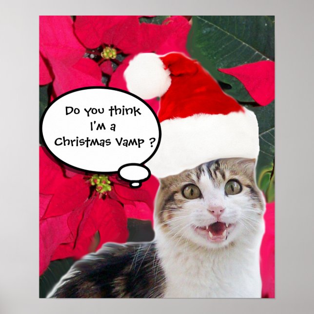 CHRISTMAS CAT WITH SANTA CLAUS HAT AND POINSETTIAS POSTER (Front)