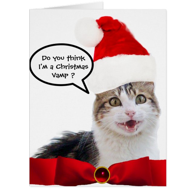 CHRISTMAS CAT WITH SANTA CLAUS HAT AND RED RIBBON (Front)