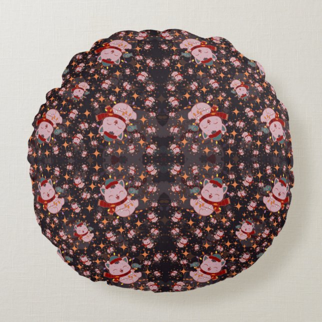 Christmas Cat With Santa Hat Round Pillow (Front)