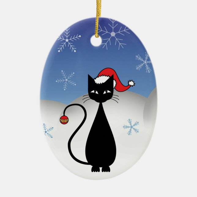 Christmas Cat with Snowflakes Ceramic Ornament (Front)