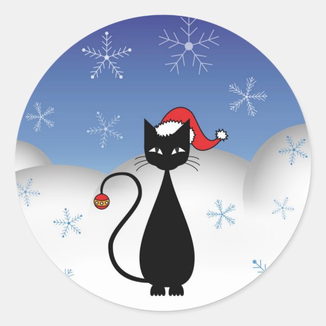 Christmas Cat with Snowflakes Classic Round Sticker (Front)