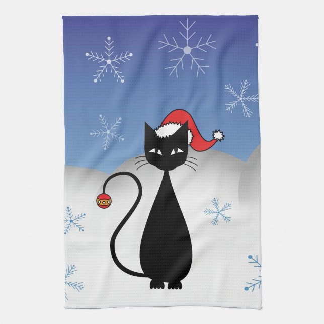 Christmas Cat with Snowflakes Kitchen Towel (Vertical)