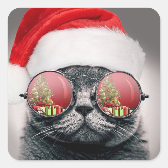 Christmas Cat With Sunglasses Square Sticker (Front)