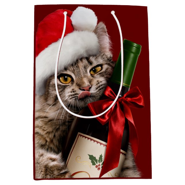 Christmas Cat With Wine Bottle Medium Gift Bag (Front)