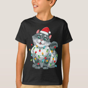 Christmas Cat Wrapped In Colourful Lights Wearing  T-Shirt