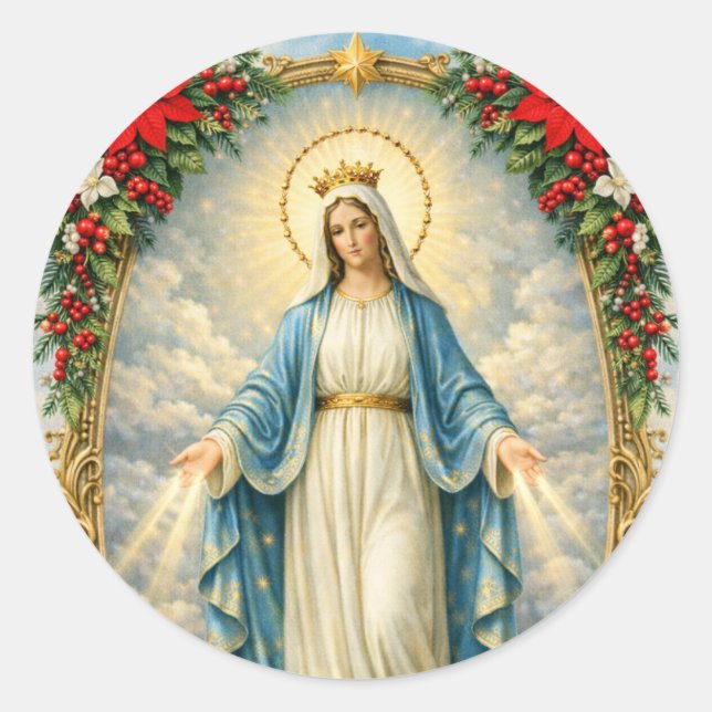 Christmas Catholic Virgin Mary Poinsettias Classic Round Sticker (Front)