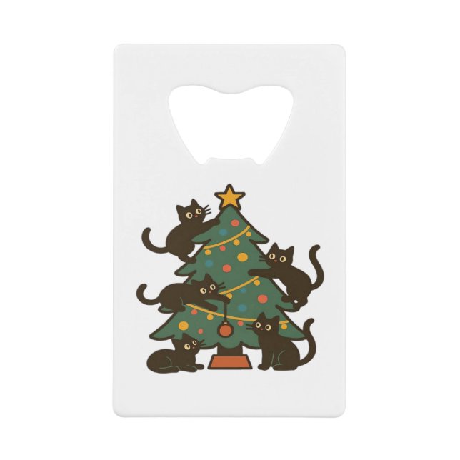 Christmas Cats Around The Tree Holiday Classic Credit Card Bottle Opener (Front)