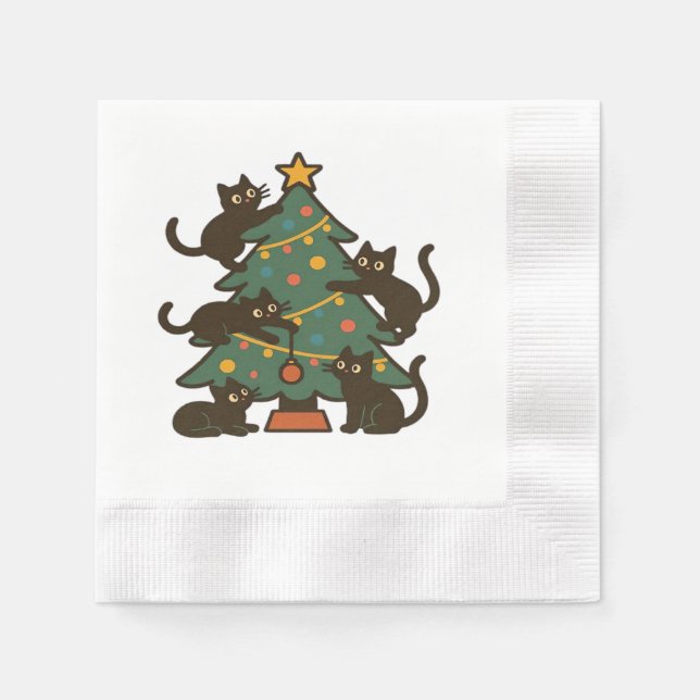 Christmas Cats Around The Tree Holiday Classic Napkin (Front)