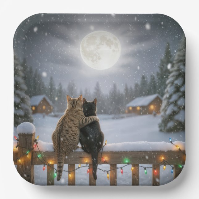Christmas Cats Cuddling On a Snowy Fence Paper Plate (Front)