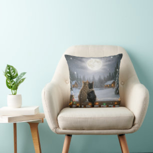 Christmas Cats Cuddling On a Snowy Fence Throw Pillow