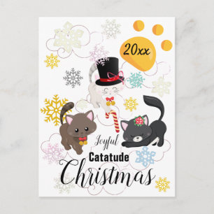 Christmas Cats Dance n Clouds & Snowflakes Holiday Postcard