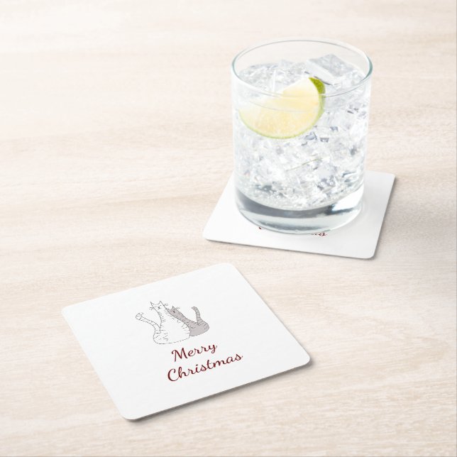 Christmas Cats Drawing Cute Kitties Script  Square Paper Coaster (Insitu)