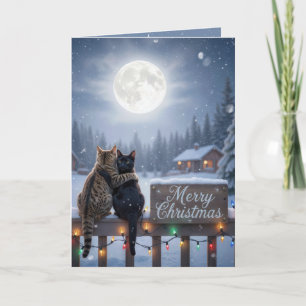 Christmas Cats Embracing On a Snowy Fence Card