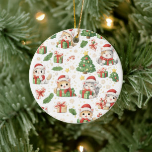 Christmas Cats & Gifts Pattern Ceramic Ornament
