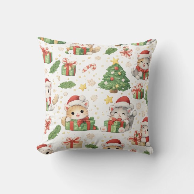Christmas Cats & Gifts Throw Pillow (Front)