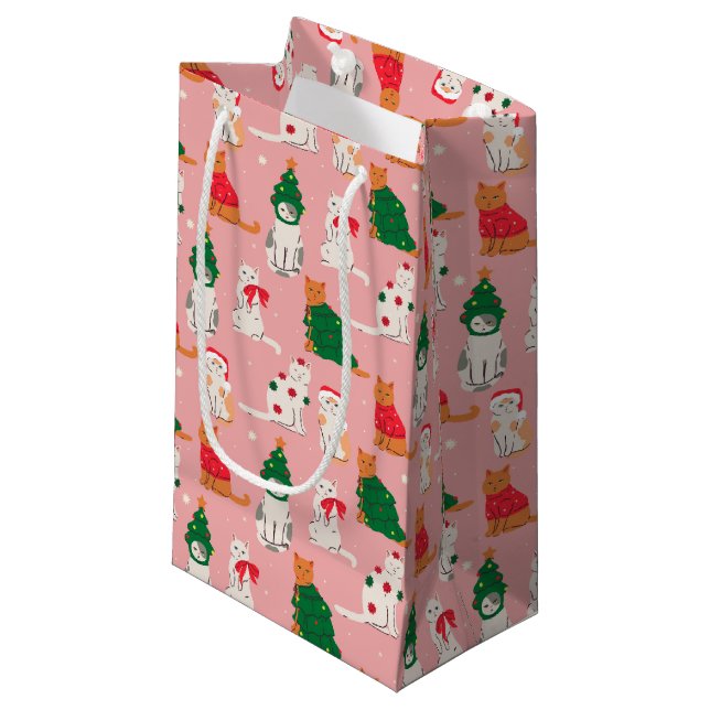 Christmas Cats in Festive Attire Pattern Small Gift Bag (Front Angled)