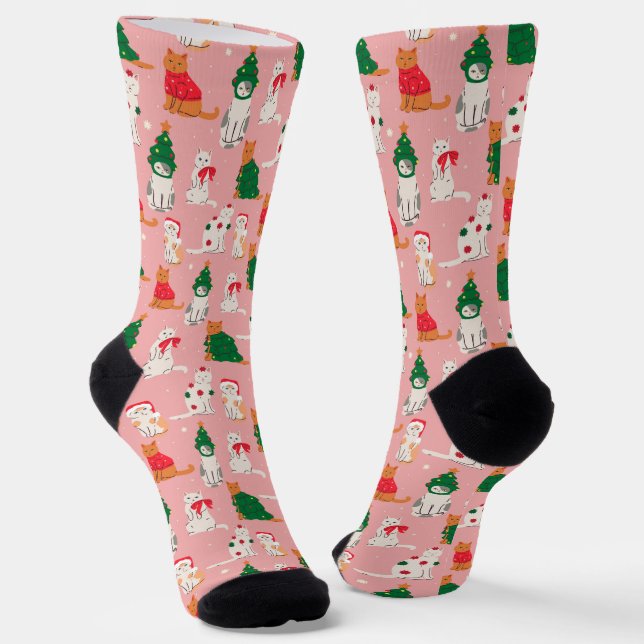 Christmas Cats in Festive Attire Pattern Socks (Angled)
