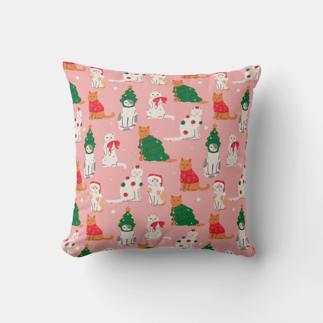 Christmas Cats in Festive Attire Pattern Throw Pillow (Front)